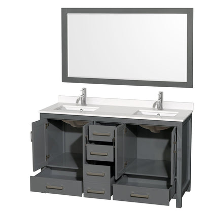 Wyndham Collection Sheffield 60" Double Bathroom Vanity in Dark Gray, White Quartz Countertop, Undermount Square Sinks, 58" Mirror