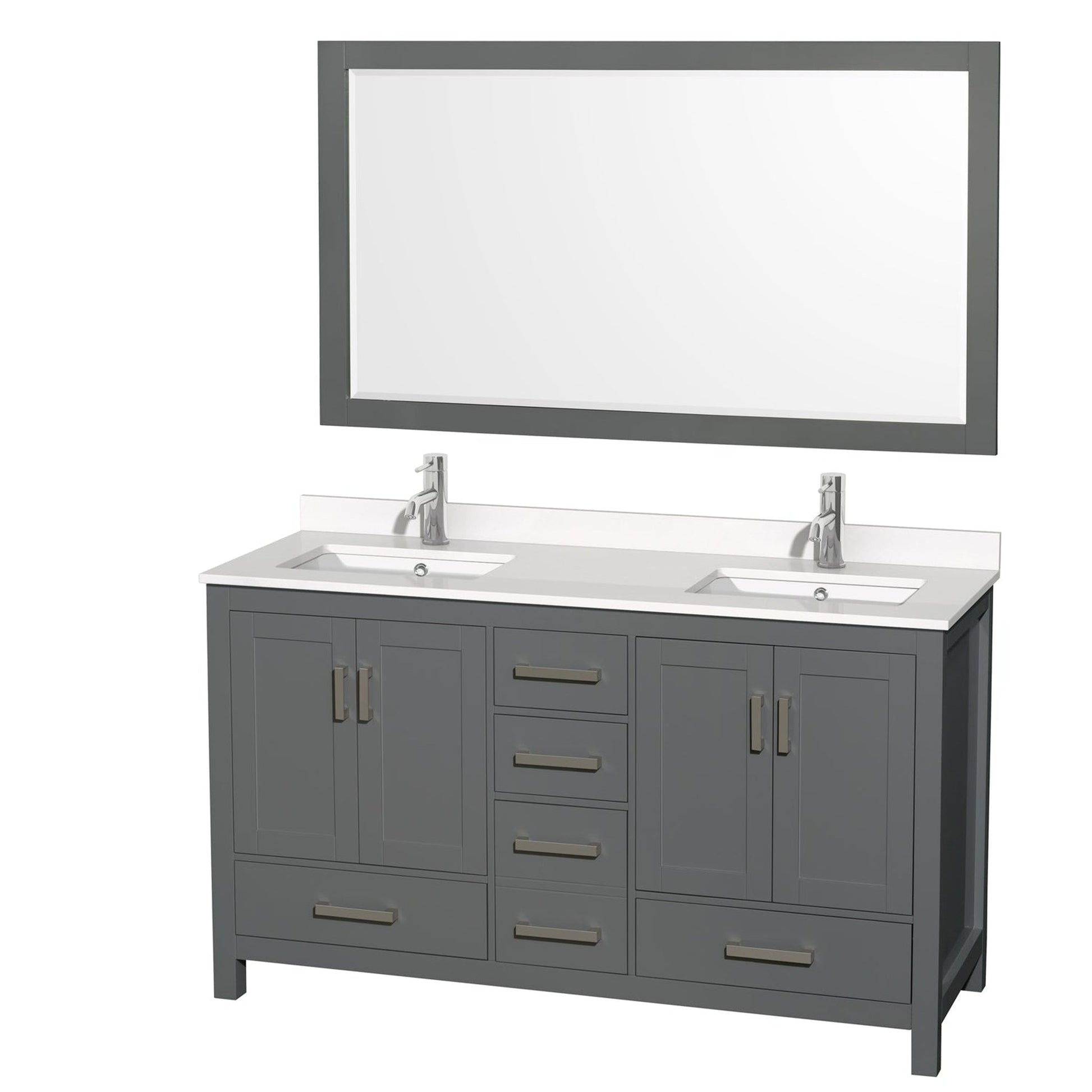 Wyndham Collection Sheffield 60" Double Bathroom Vanity in Dark Gray, White Quartz Countertop, Undermount Square Sinks, 58" Mirror