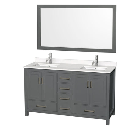 Wyndham Collection Sheffield 60" Double Bathroom Vanity in Dark Gray, White Quartz Countertop, Undermount Square Sinks, 58" Mirror