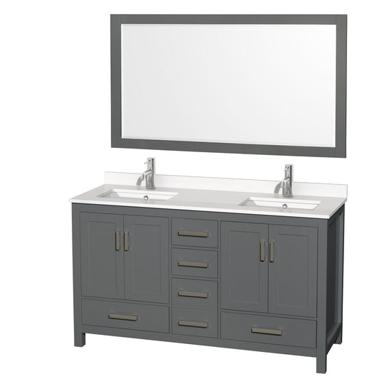 Wyndham Collection Sheffield 60" Double Bathroom Vanity in Dark Gray, White Quartz Countertop, Undermount Square Sinks, 58" Mirror