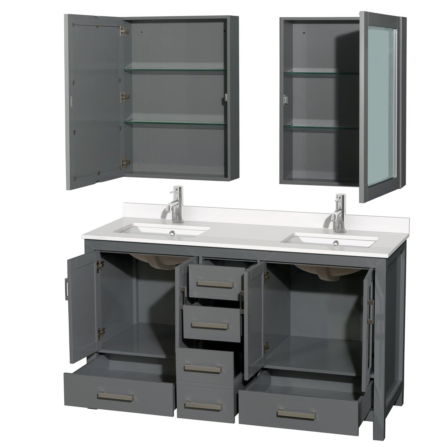 Wyndham Collection Sheffield 60" Double Bathroom Vanity in Dark Gray, White Quartz Countertop, Undermount Square Sinks, Medicine Cabinet