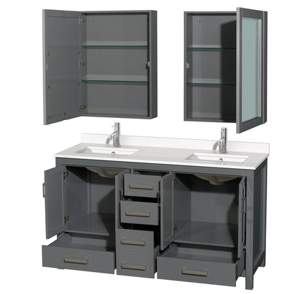 Wyndham Collection Sheffield 60" Double Bathroom Vanity in Dark Gray, White Quartz Countertop, Undermount Square Sinks, Medicine Cabinet
