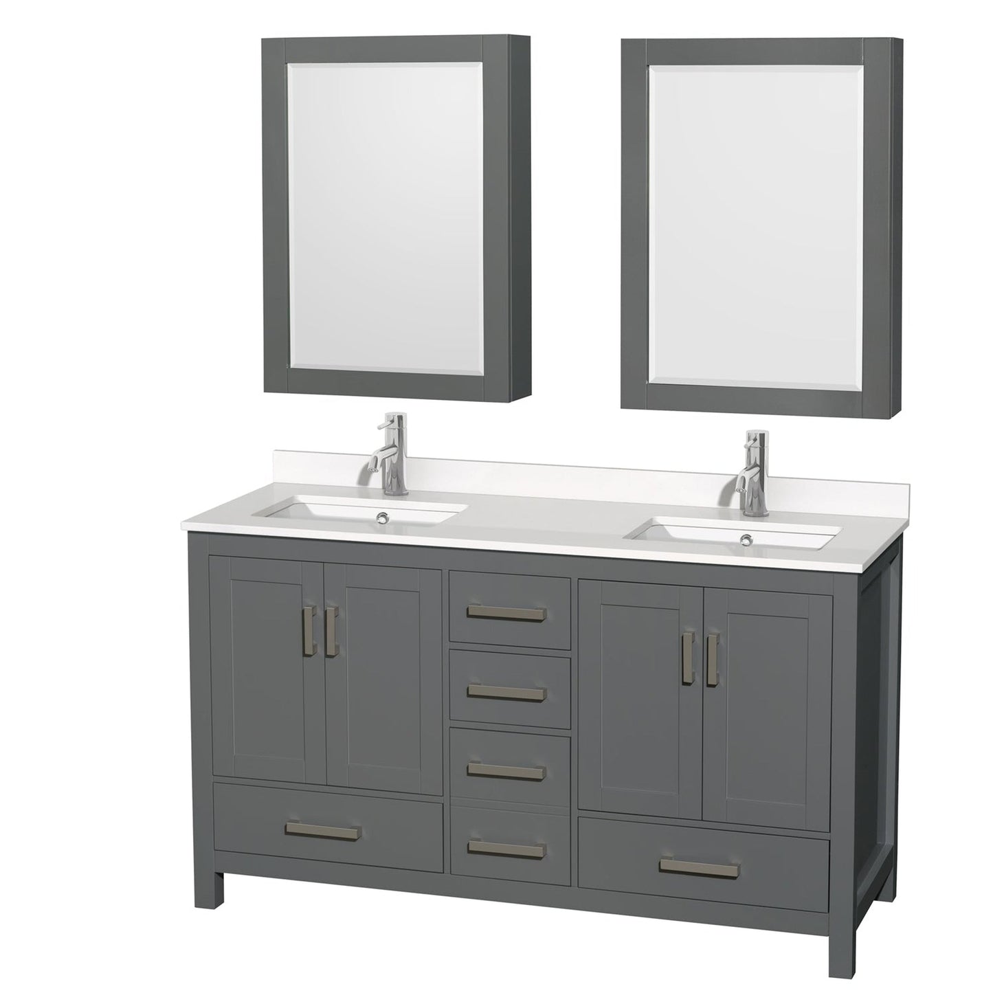 Wyndham Collection Sheffield 60" Double Bathroom Vanity in Dark Gray, White Quartz Countertop, Undermount Square Sinks, Medicine Cabinet
