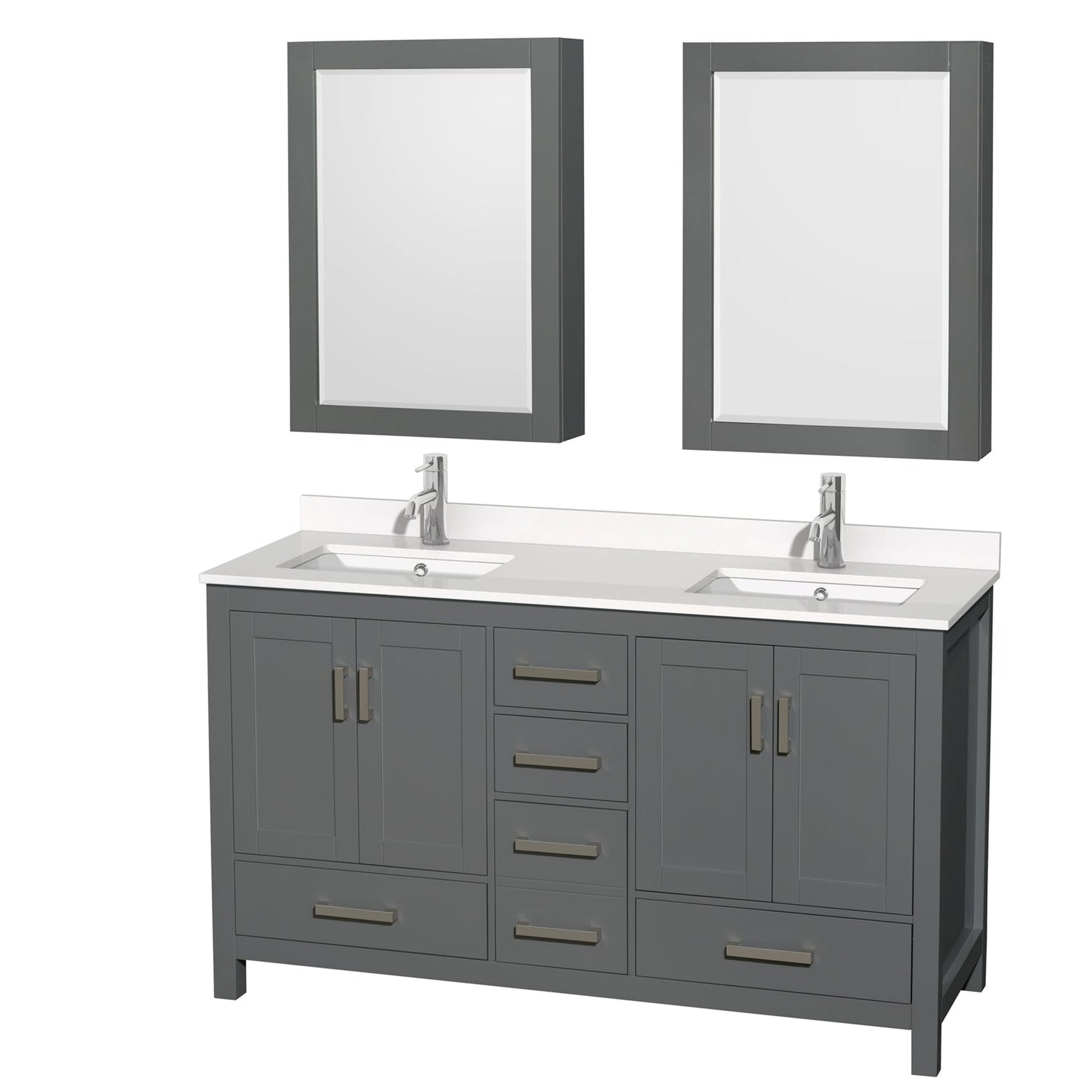 Wyndham Collection Sheffield 60" Double Bathroom Vanity in Dark Gray, White Quartz Countertop, Undermount Square Sinks, Medicine Cabinet