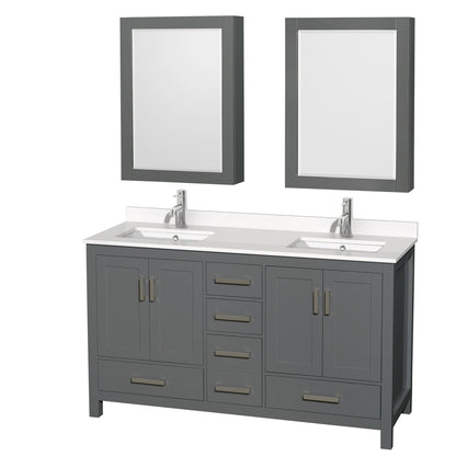 Wyndham Collection Sheffield 60" Double Bathroom Vanity in Dark Gray, White Quartz Countertop, Undermount Square Sinks, Medicine Cabinet