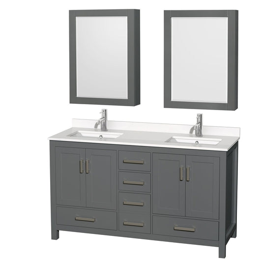 Wyndham Collection Sheffield 60" Double Bathroom Vanity in Dark Gray, White Quartz Countertop, Undermount Square Sinks, Medicine Cabinet
