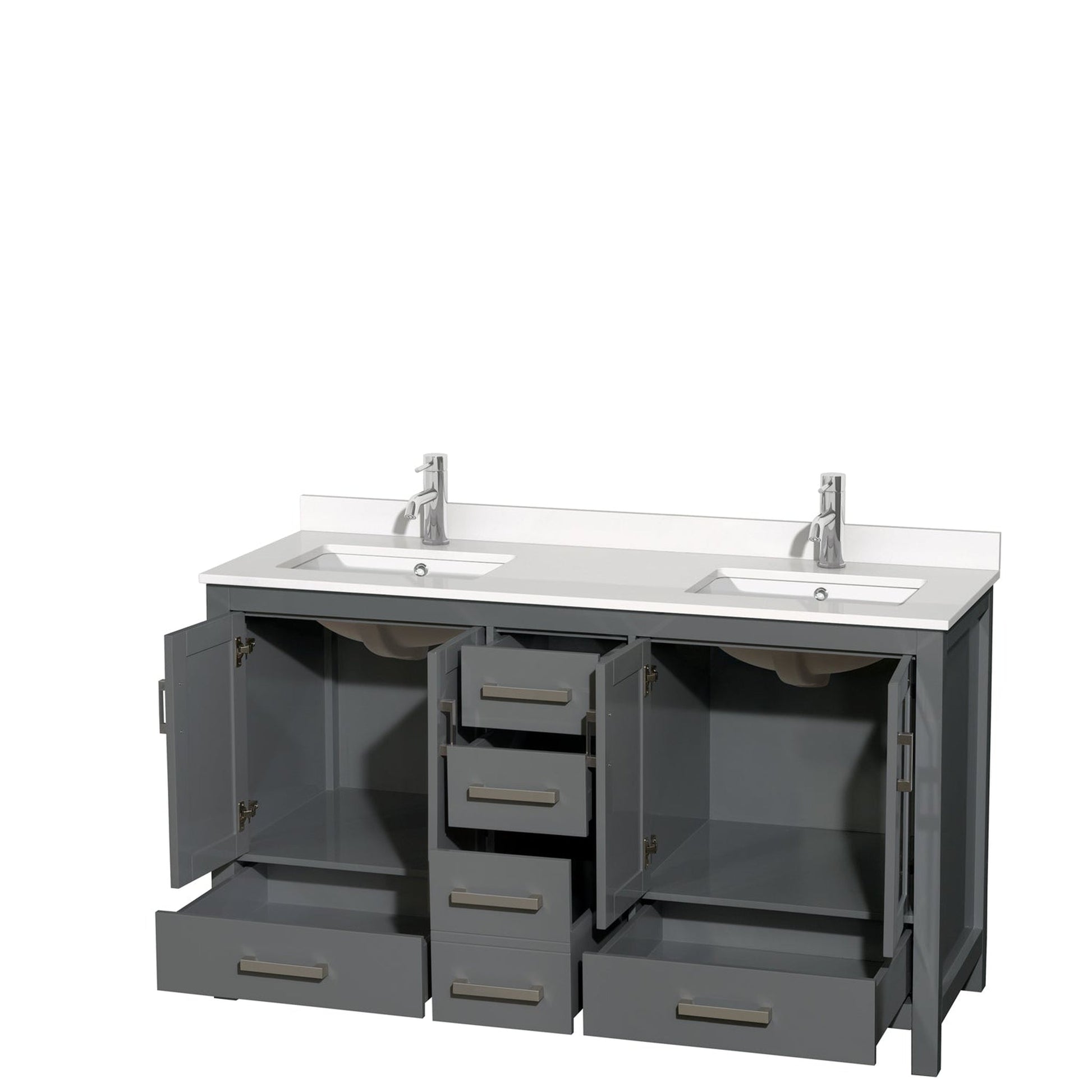 Wyndham Collection Sheffield 60" Double Bathroom Vanity in Dark Gray, White Quartz Countertop, Undermount Square Sinks, No Mirror