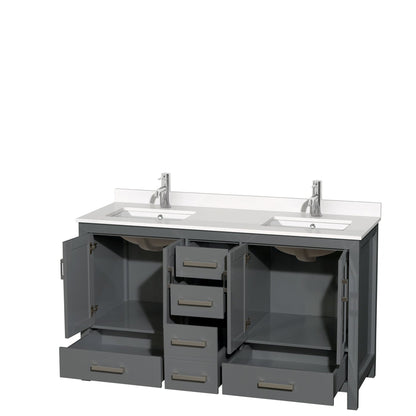 Wyndham Collection Sheffield 60" Double Bathroom Vanity in Dark Gray, White Quartz Countertop, Undermount Square Sinks, No Mirror