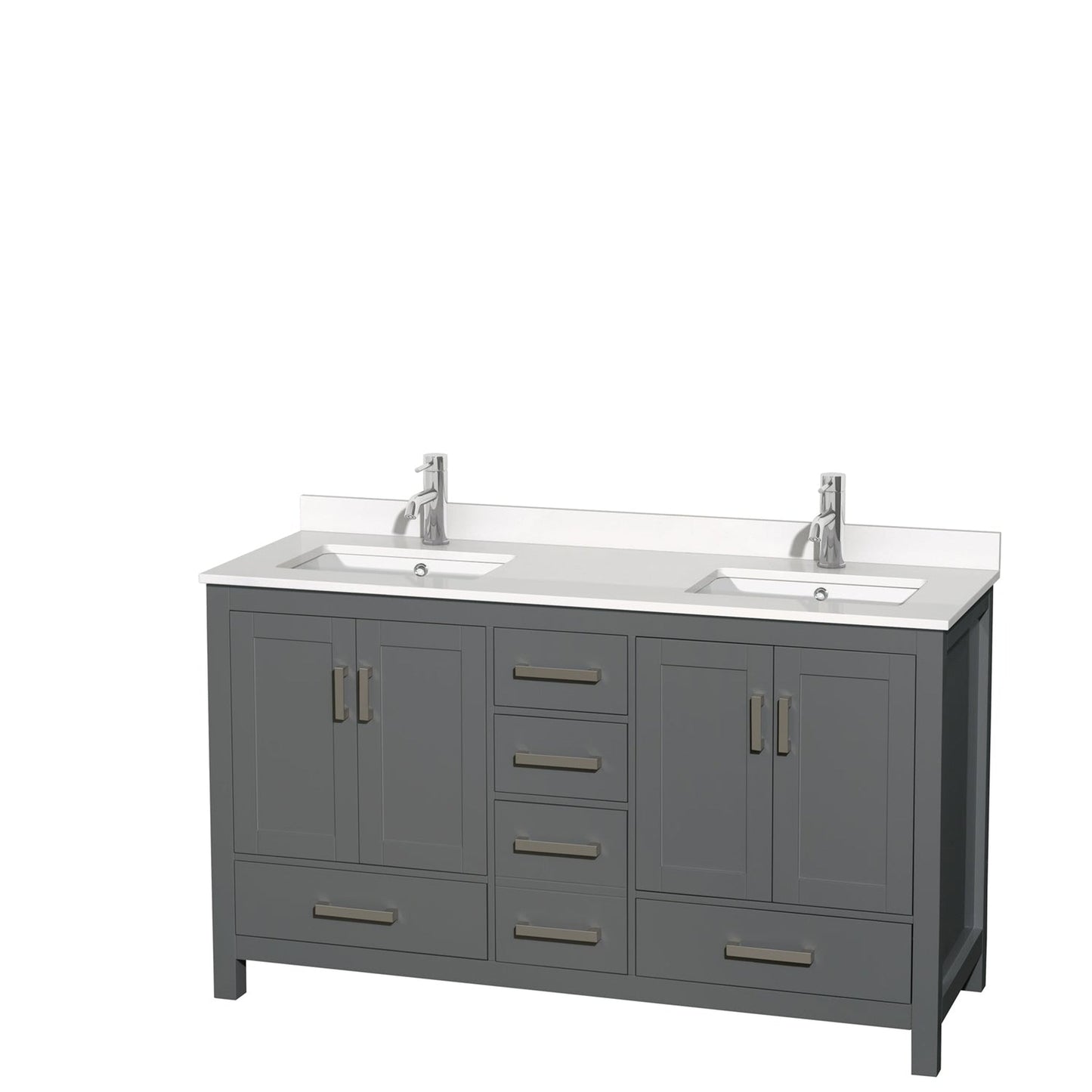Wyndham Collection Sheffield 60" Double Bathroom Vanity in Dark Gray, White Quartz Countertop, Undermount Square Sinks, No Mirror
