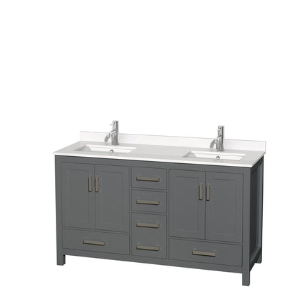 Wyndham Collection Sheffield 60" Double Bathroom Vanity in Dark Gray, White Quartz Countertop, Undermount Square Sinks, No Mirror