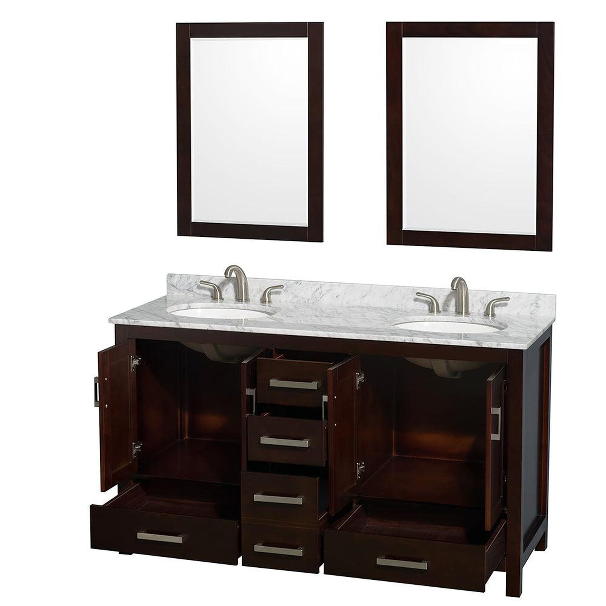Wyndham Collection Sheffield 60" Double Bathroom Vanity in Espresso, White Carrara Marble Countertop, Undermount Oval Sinks, and 24" Mirror