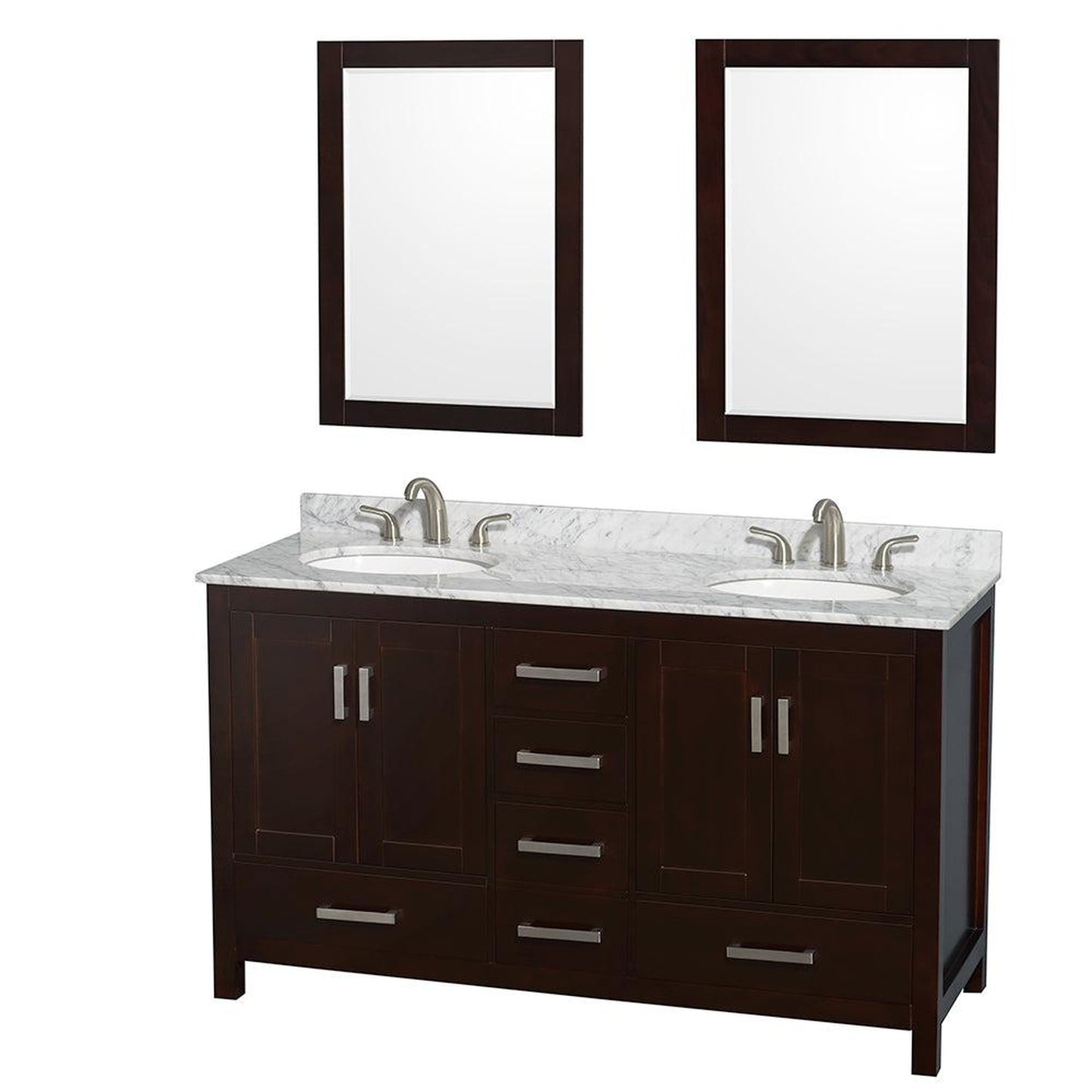 Wyndham Collection Sheffield 60" Double Bathroom Vanity in Espresso, White Carrara Marble Countertop, Undermount Oval Sinks, and 24" Mirror
