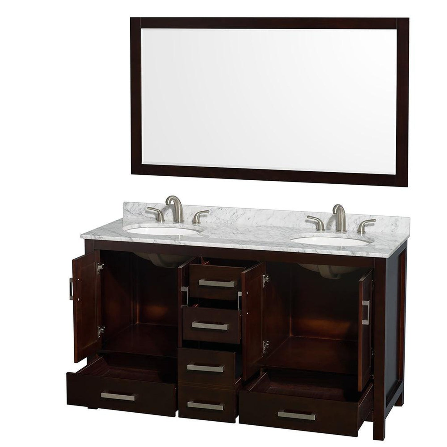 Wyndham Collection Sheffield 60" Double Bathroom Vanity in Espresso, White Carrara Marble Countertop, Undermount Oval Sinks, and 58" Mirror