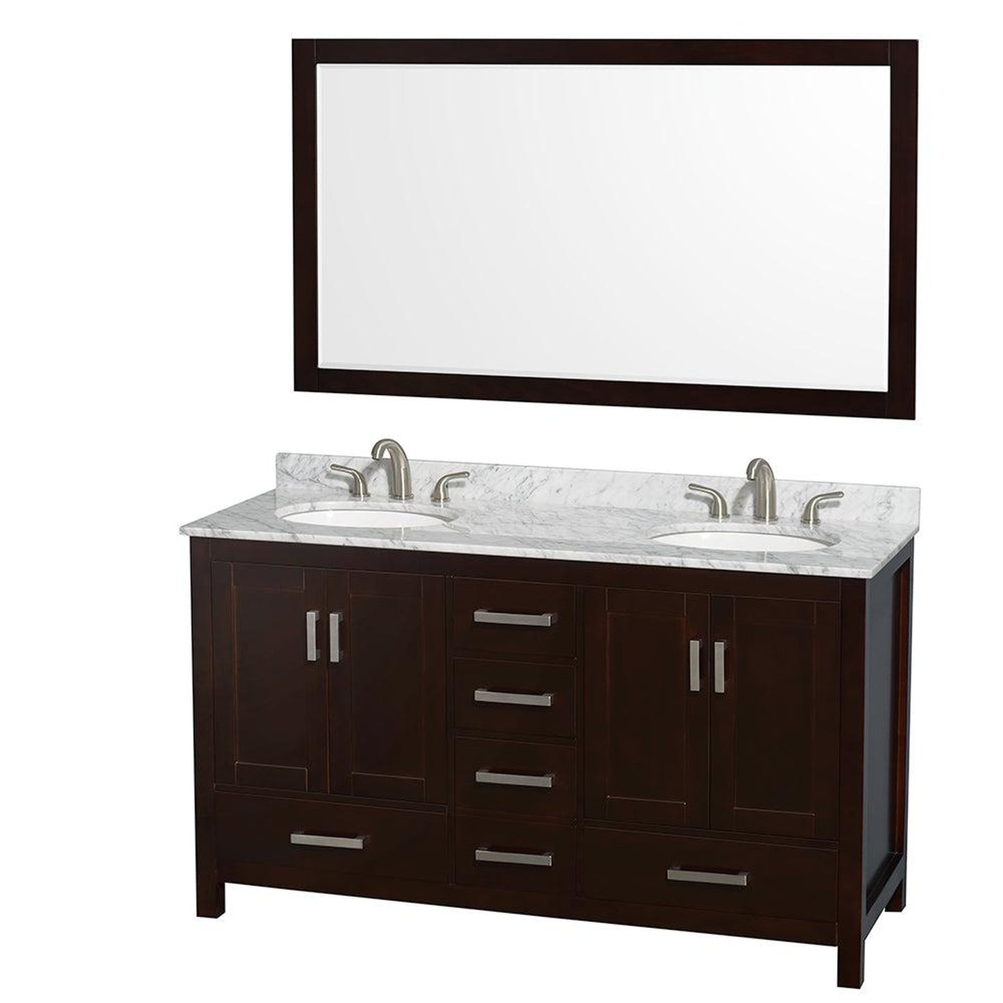 Wyndham Collection Sheffield 60" Double Bathroom Vanity in Espresso, White Carrara Marble Countertop, Undermount Oval Sinks, and 58" Mirror