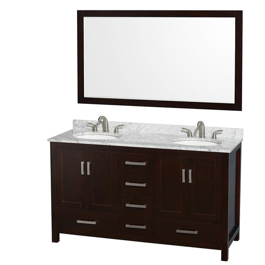 Wyndham Collection Sheffield 60" Double Bathroom Vanity in Espresso, White Carrara Marble Countertop, Undermount Oval Sinks, and 58" Mirror