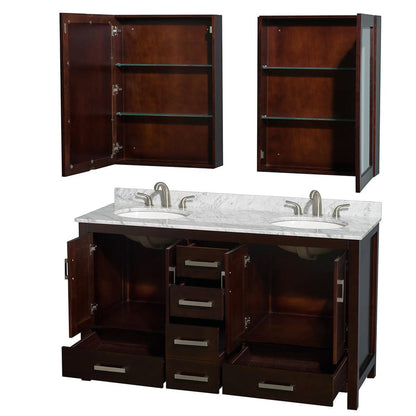 Wyndham Collection Sheffield 60" Double Bathroom Vanity in Espresso, White Carrara Marble Countertop, Undermount Oval Sinks, and Medicine Cabinet