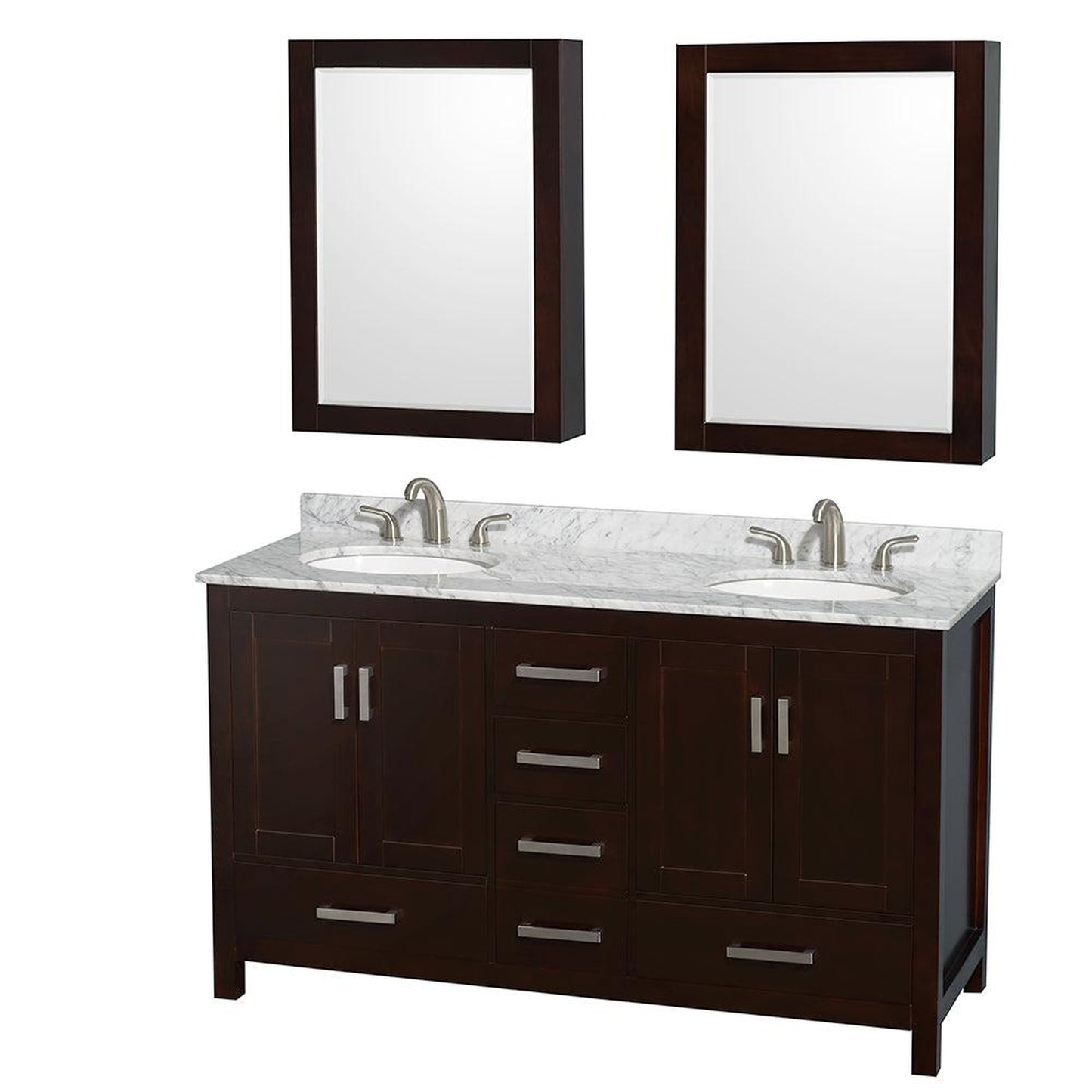 Wyndham Collection Sheffield 60" Double Bathroom Vanity in Espresso, White Carrara Marble Countertop, Undermount Oval Sinks, and Medicine Cabinet