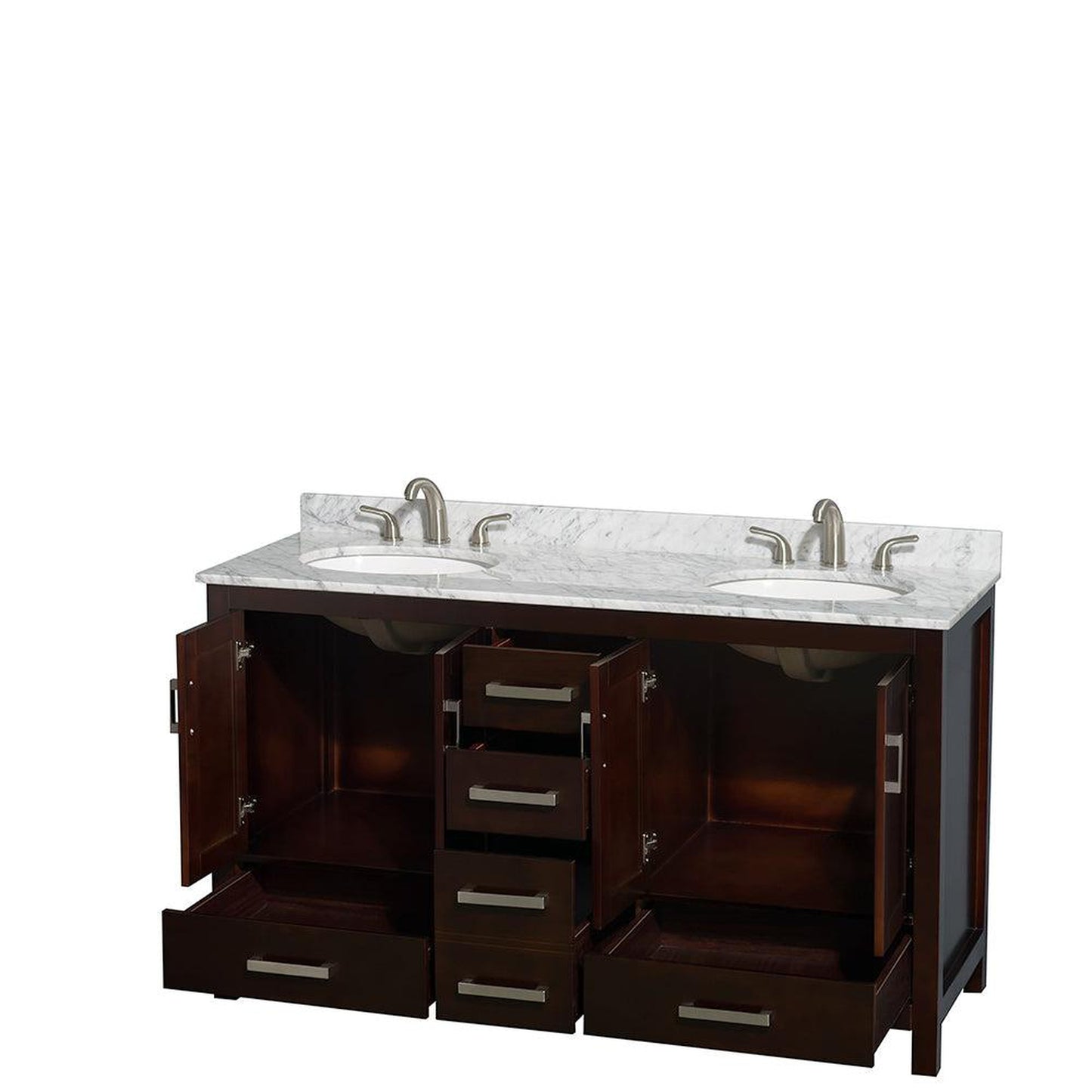 Wyndham Collection Sheffield 60" Double Bathroom Vanity in Espresso, White Carrara Marble Countertop, Undermount Oval Sinks, and No Mirror