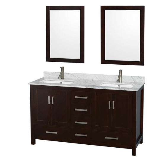 Wyndham Collection Sheffield 60" Double Bathroom Vanity in Espresso, White Carrara Marble Countertop, Undermount Square Sinks, and 24" Mirror