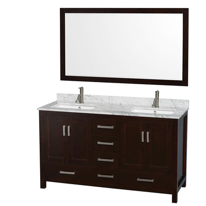 Wyndham Collection Sheffield 60" Double Bathroom Vanity in Espresso, White Carrara Marble Countertop, Undermount Square Sinks, and 58" Mirror