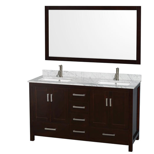 Wyndham Collection Sheffield 60" Double Bathroom Vanity in Espresso, White Carrara Marble Countertop, Undermount Square Sinks, and 58" Mirror