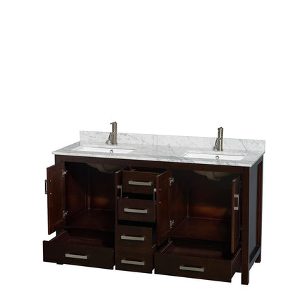 Wyndham Collection Sheffield 60" Double Bathroom Vanity in Espresso, White Carrara Marble Countertop, Undermount Square Sinks, and No Mirror