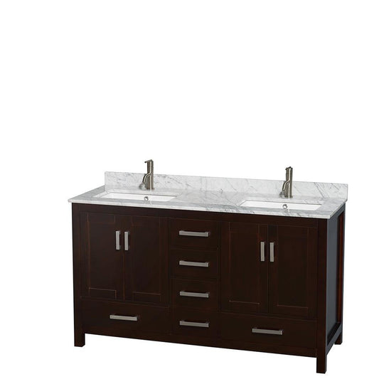 Wyndham Collection Sheffield 60" Double Bathroom Vanity in Espresso, White Carrara Marble Countertop, Undermount Square Sinks, and No Mirror
