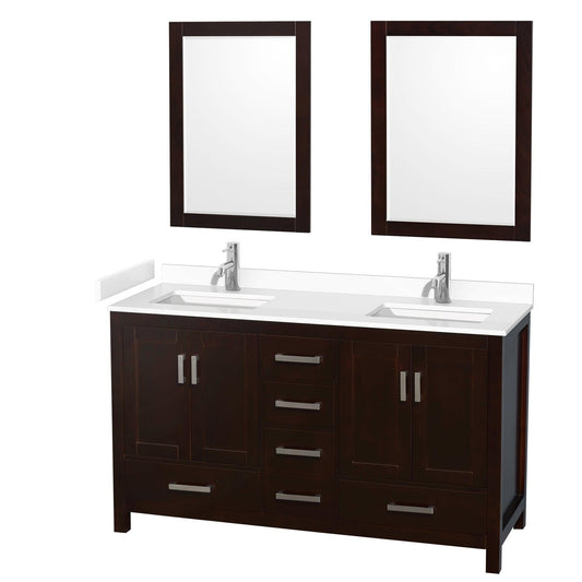 Wyndham Collection Sheffield 60" Double Bathroom Vanity in Espresso, White Cultured Marble Countertop, Undermount Square Sinks, 24" Mirror