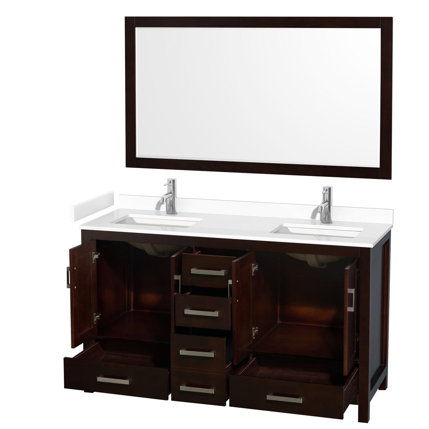 Wyndham Collection Sheffield 60" Double Bathroom Vanity in Espresso, White Cultured Marble Countertop, Undermount Square Sinks, 58" Mirror