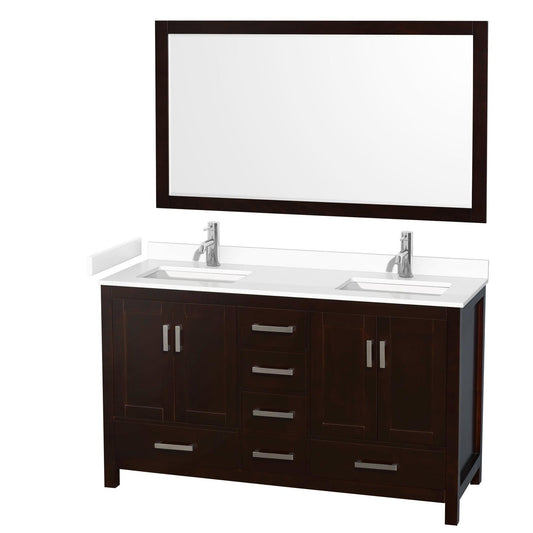 Wyndham Collection Sheffield 60" Double Bathroom Vanity in Espresso, White Cultured Marble Countertop, Undermount Square Sinks, 58" Mirror