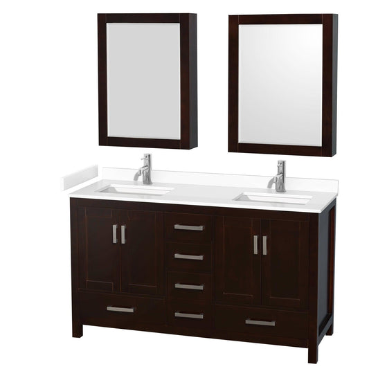 Wyndham Collection Sheffield 60" Double Bathroom Vanity in Espresso, White Cultured Marble Countertop, Undermount Square Sinks, Medicine Cabinet