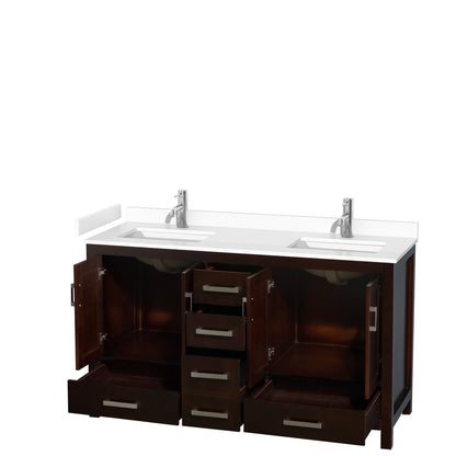 Wyndham Collection Sheffield 60" Double Bathroom Vanity in Espresso, White Cultured Marble Countertop, Undermount Square Sinks, No Mirror