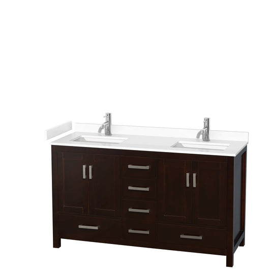 Wyndham Collection Sheffield 60" Double Bathroom Vanity in Espresso, White Cultured Marble Countertop, Undermount Square Sinks, No Mirror