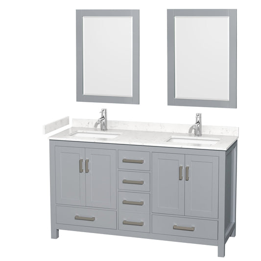Wyndham Collection Sheffield 60" Double Bathroom Vanity in Gray, Carrara Cultured Marble Countertop, Undermount Square Sinks, 24" Mirror