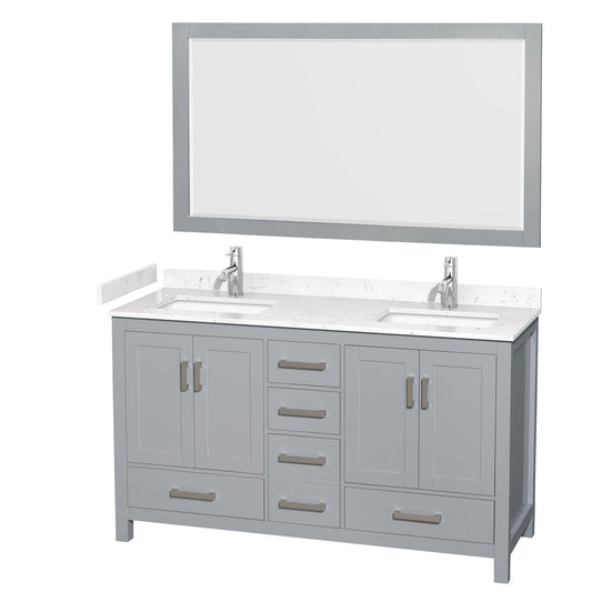 Wyndham Collection Sheffield 60" Double Bathroom Vanity in Gray, Carrara Cultured Marble Countertop, Undermount Square Sinks, 58" Mirror
