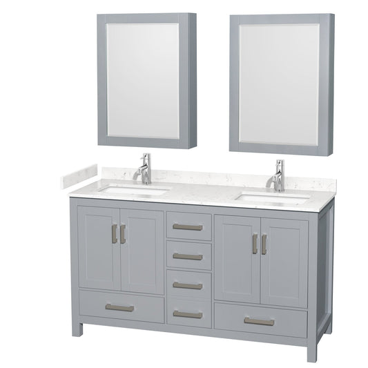 Wyndham Collection Sheffield 60" Double Bathroom Vanity in Gray, Carrara Cultured Marble Countertop, Undermount Square Sinks, Medicine Cabinet