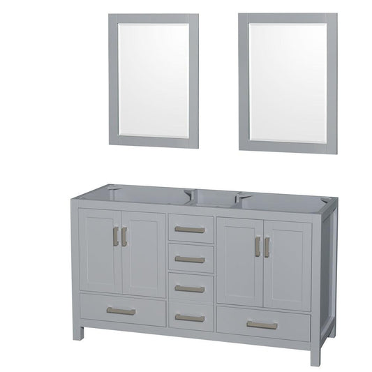 Wyndham Collection Sheffield 60" Double Bathroom Vanity in Gray, No Countertop, No Sinks, and 24" Mirror