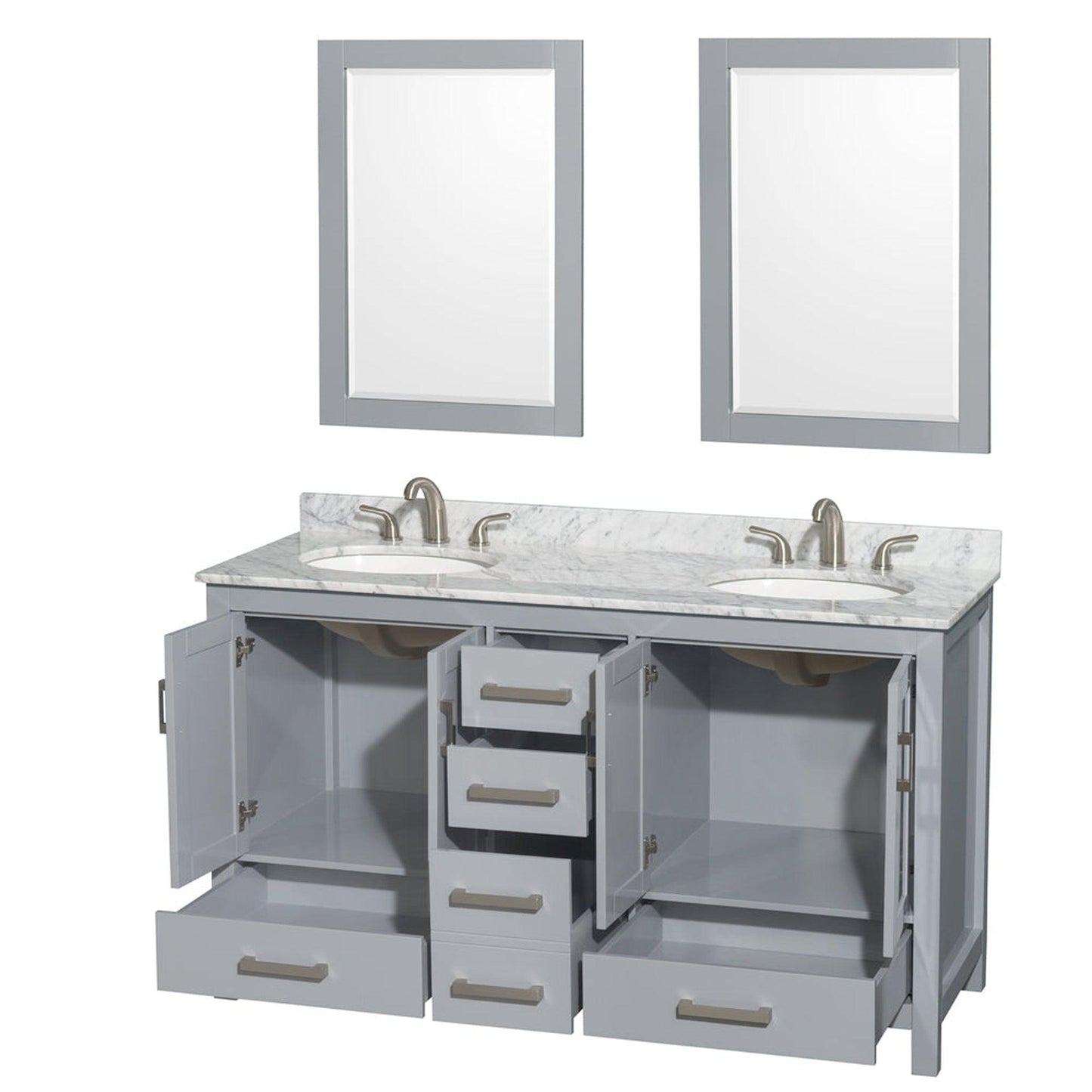 Wyndham Collection Sheffield 60" Double Bathroom Vanity in Gray, White Carrara Marble Countertop, Undermount Oval Sinks, and 24" Mirror