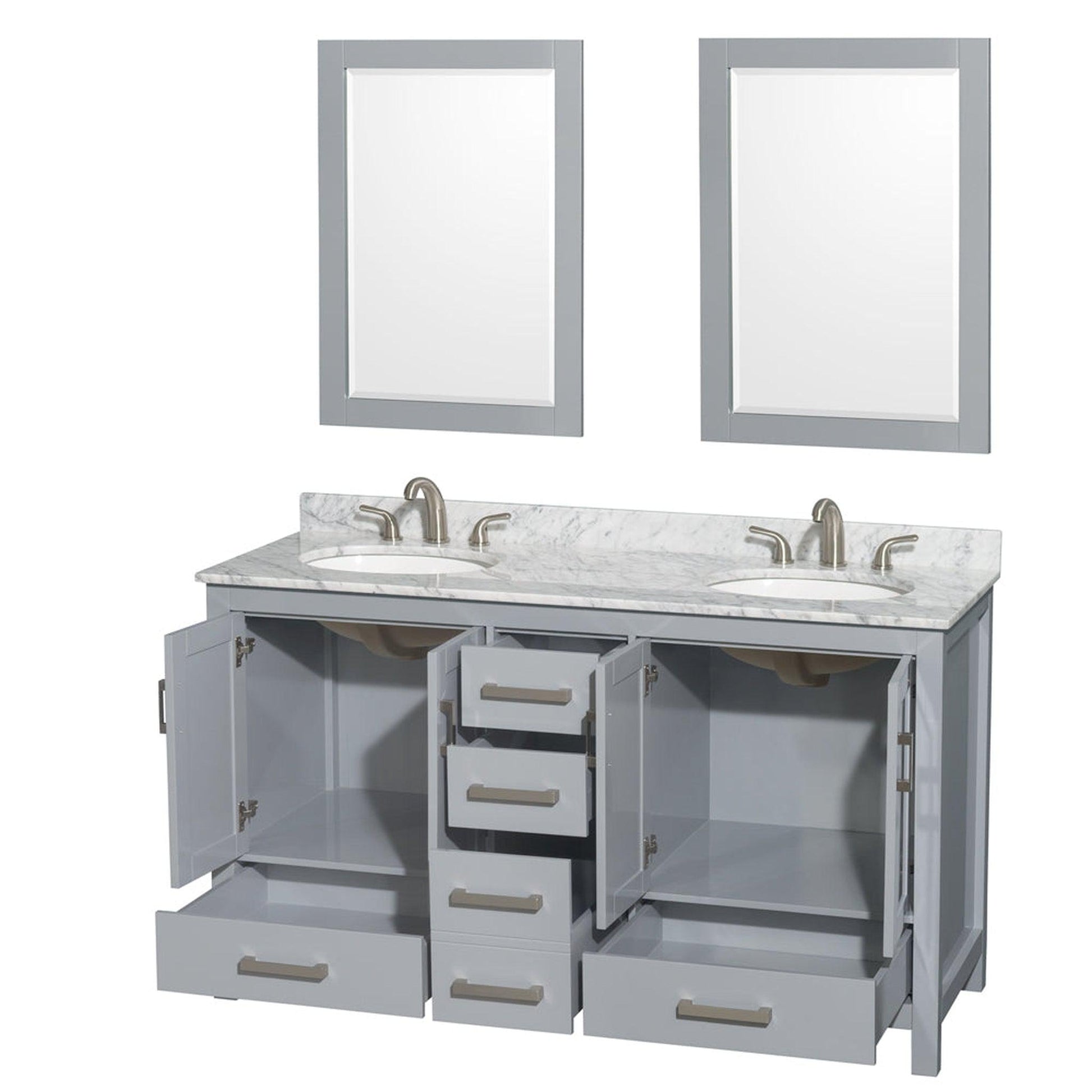 Wyndham Collection Sheffield 60" Double Bathroom Vanity in Gray, White Carrara Marble Countertop, Undermount Oval Sinks, and 24" Mirror