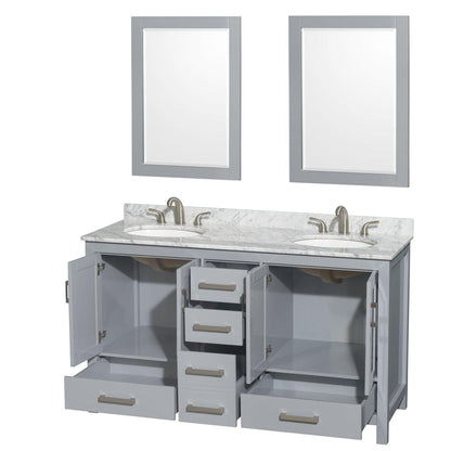 Wyndham Collection Sheffield 60" Double Bathroom Vanity in Gray, White Carrara Marble Countertop, Undermount Oval Sinks, and 24" Mirror