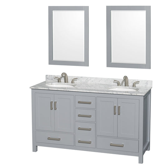 Wyndham Collection Sheffield 60" Double Bathroom Vanity in Gray, White Carrara Marble Countertop, Undermount Oval Sinks, and 24" Mirror