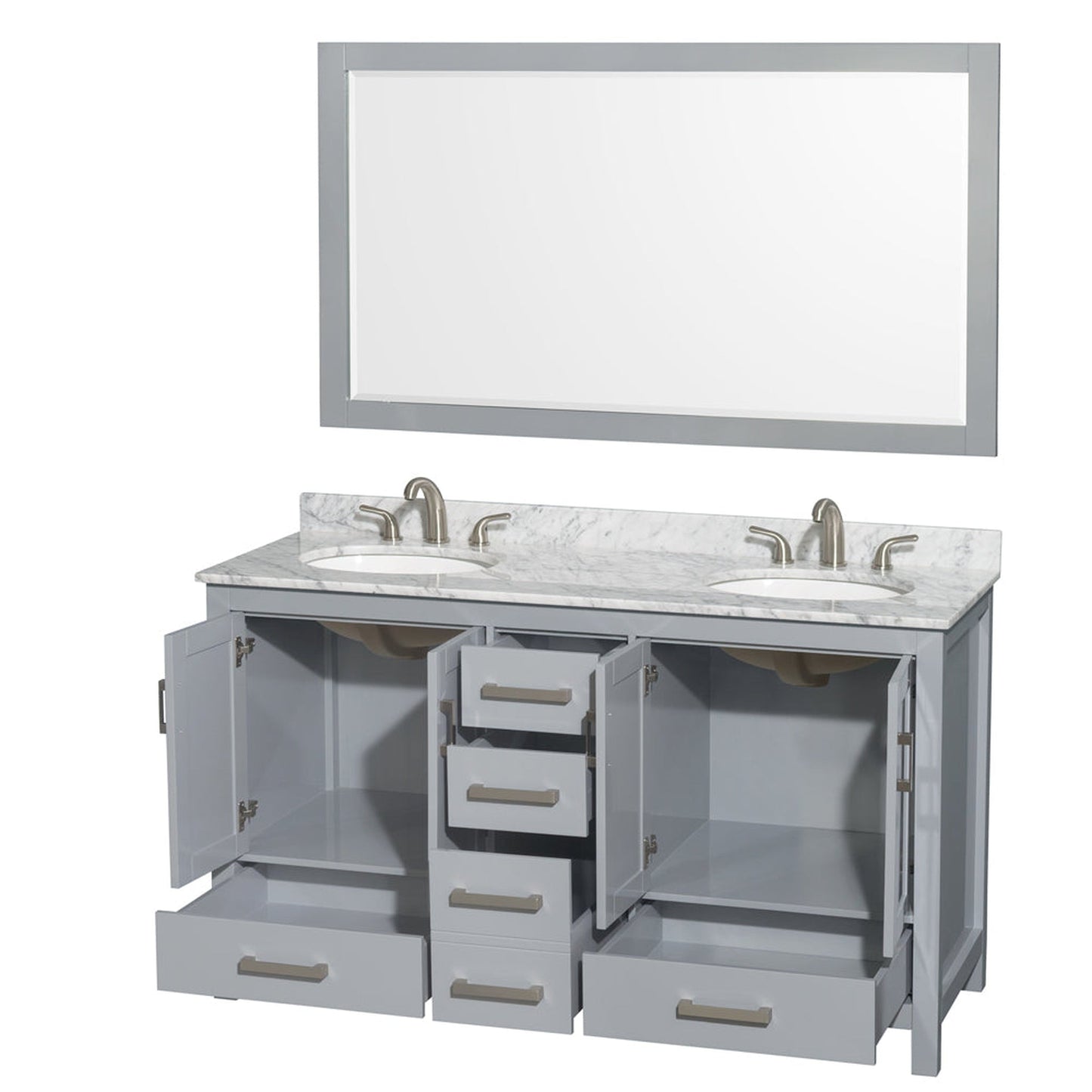 Wyndham Collection Sheffield 60" Double Bathroom Vanity in Gray, White Carrara Marble Countertop, Undermount Oval Sinks, and 58" Mirror