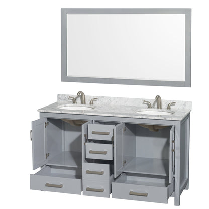 Wyndham Collection Sheffield 60" Double Bathroom Vanity in Gray, White Carrara Marble Countertop, Undermount Oval Sinks, and 58" Mirror