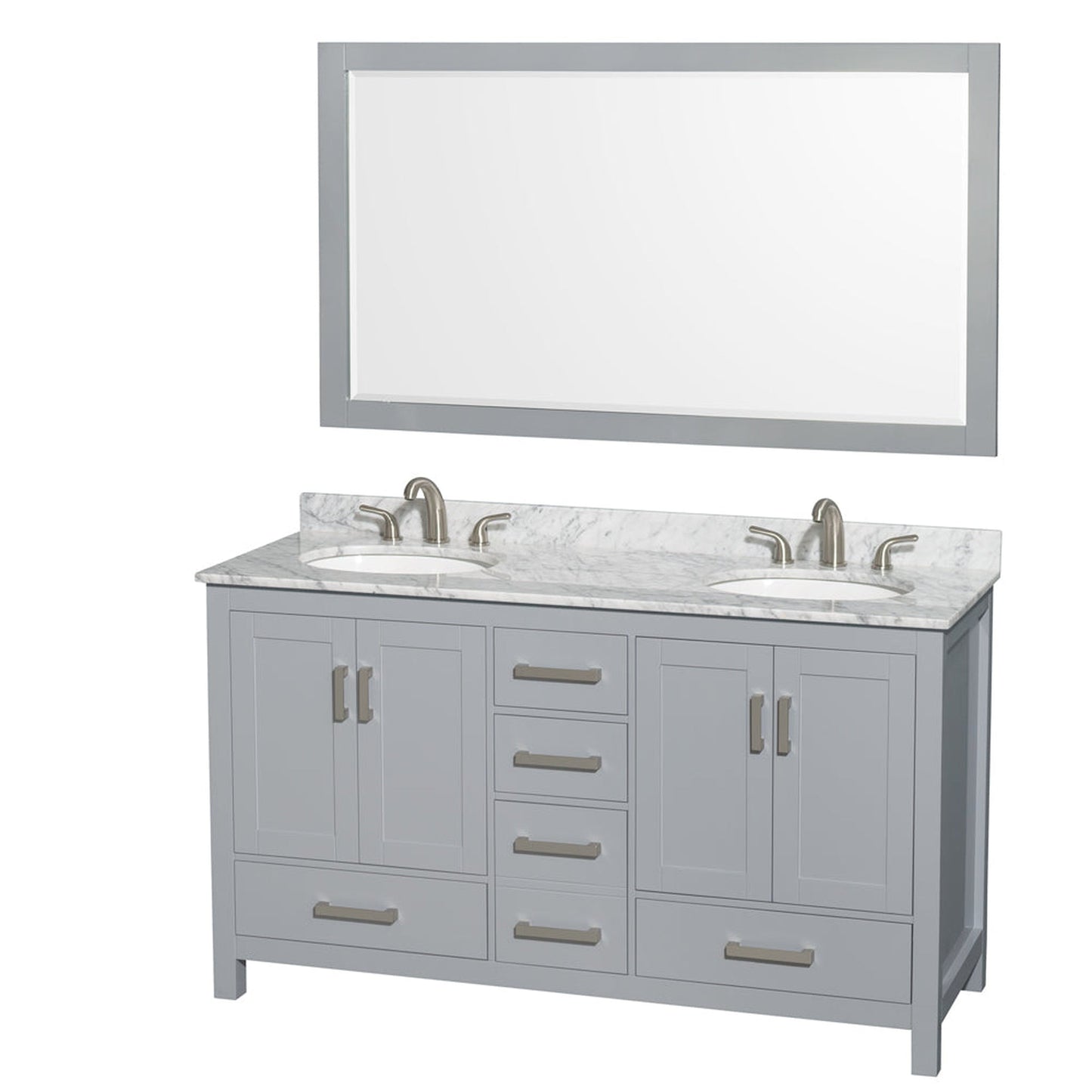 Wyndham Collection Sheffield 60" Double Bathroom Vanity in Gray, White Carrara Marble Countertop, Undermount Oval Sinks, and 58" Mirror