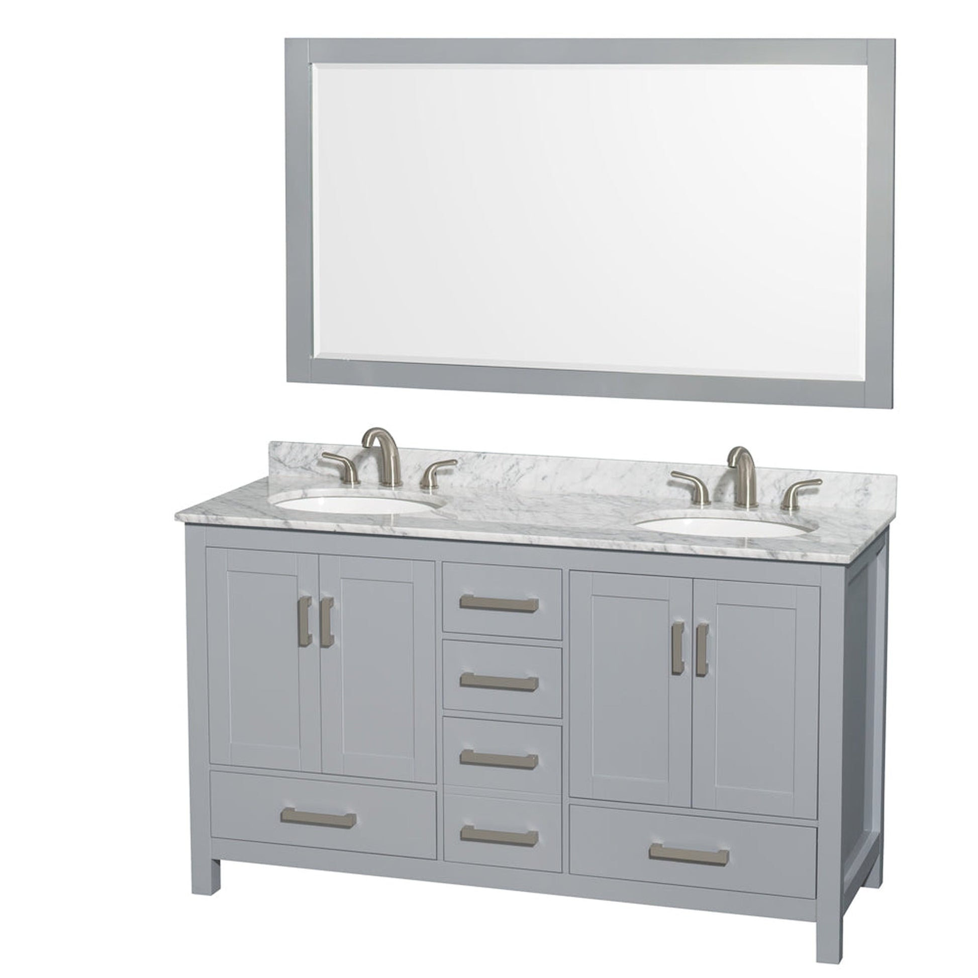 Wyndham Collection Sheffield 60" Double Bathroom Vanity in Gray, White Carrara Marble Countertop, Undermount Oval Sinks, and 58" Mirror
