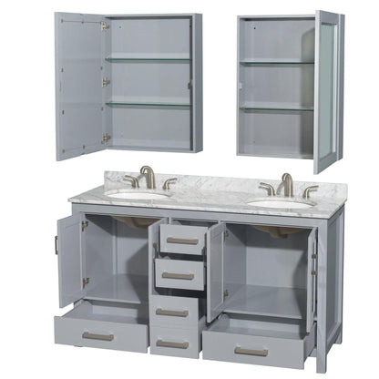 Wyndham Collection Sheffield 60" Double Bathroom Vanity in Gray, White Carrara Marble Countertop, Undermount Oval Sinks, and Medicine Cabinet