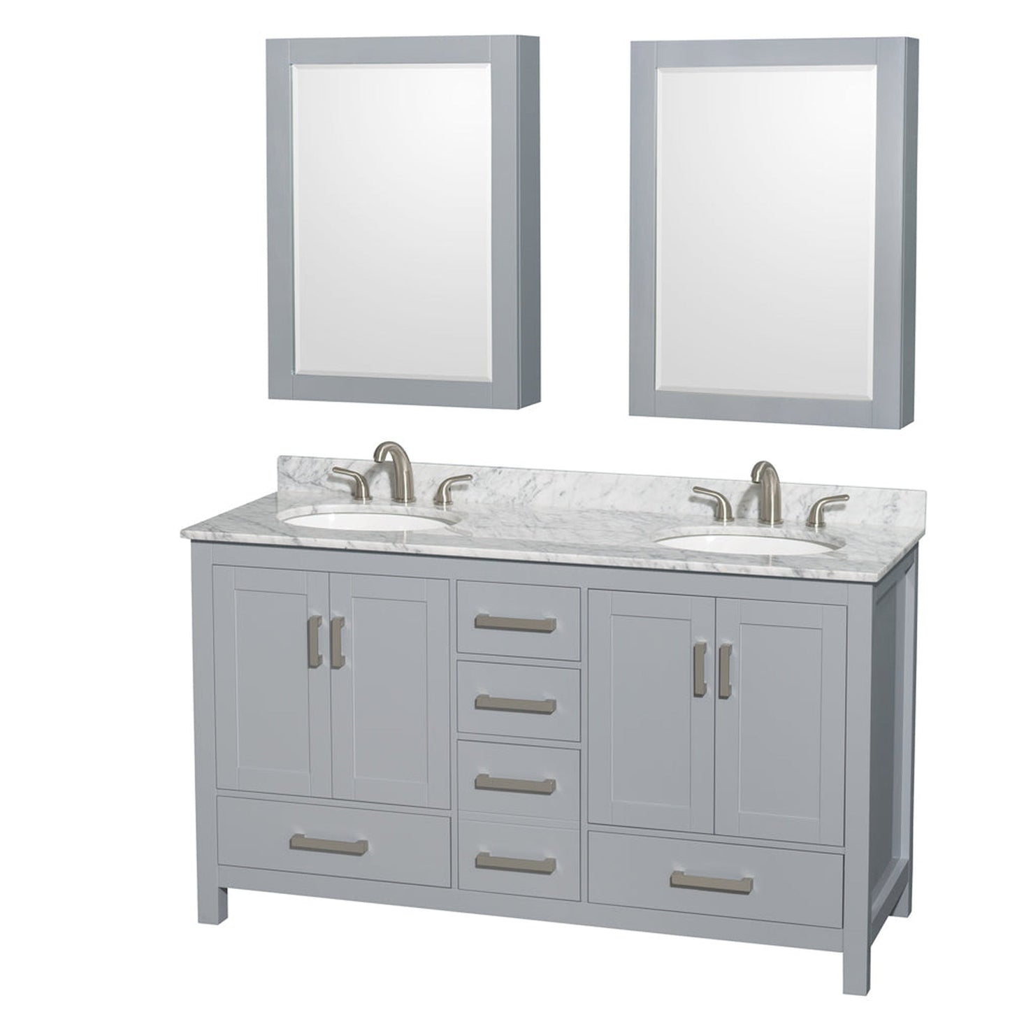 Wyndham Collection Sheffield 60" Double Bathroom Vanity in Gray, White Carrara Marble Countertop, Undermount Oval Sinks, and Medicine Cabinet