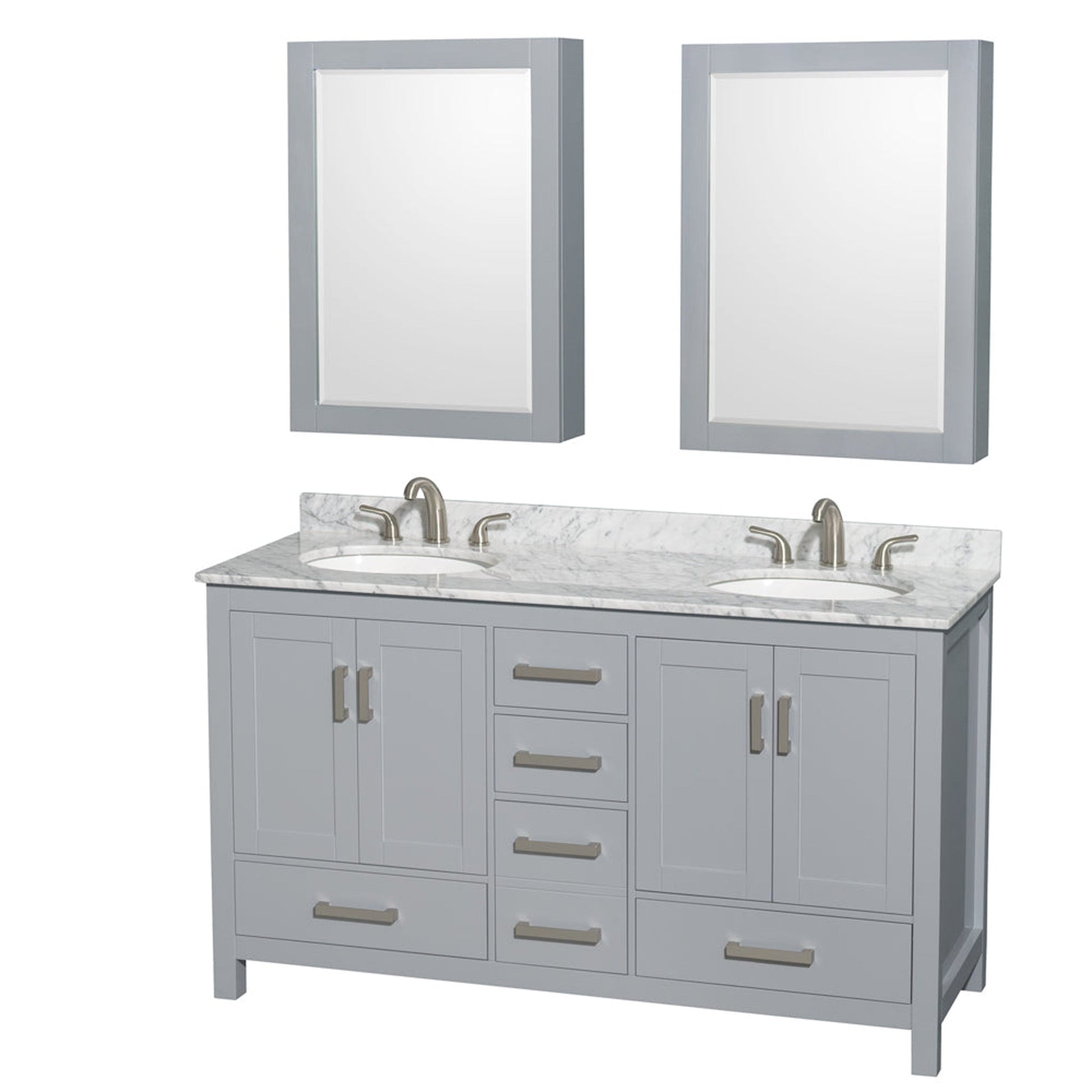 Wyndham Collection Sheffield 60" Double Bathroom Vanity in Gray, White Carrara Marble Countertop, Undermount Oval Sinks, and Medicine Cabinet