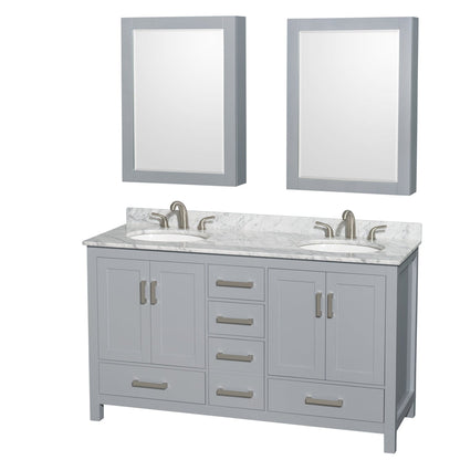 Wyndham Collection Sheffield 60" Double Bathroom Vanity in Gray, White Carrara Marble Countertop, Undermount Oval Sinks, and Medicine Cabinet