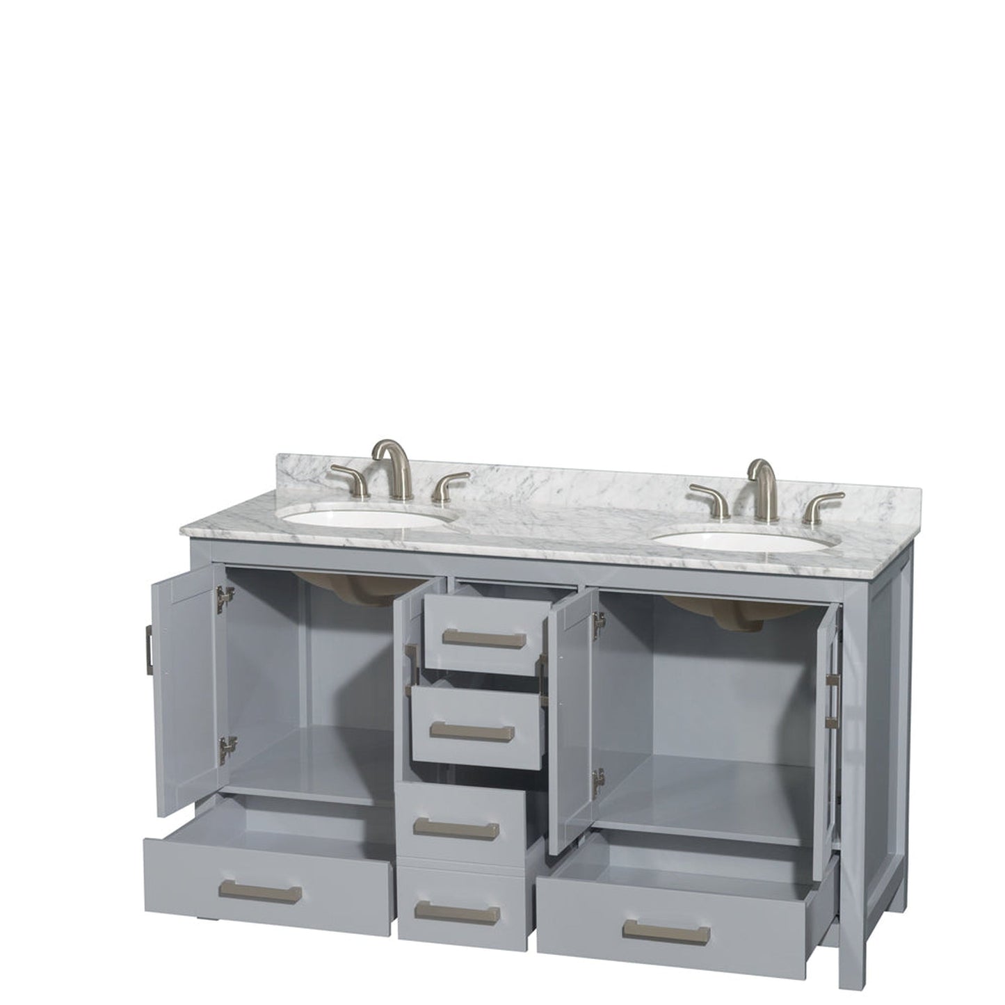 Wyndham Collection Sheffield 60" Double Bathroom Vanity in Gray, White Carrara Marble Countertop, Undermount Oval Sinks, and No Mirror